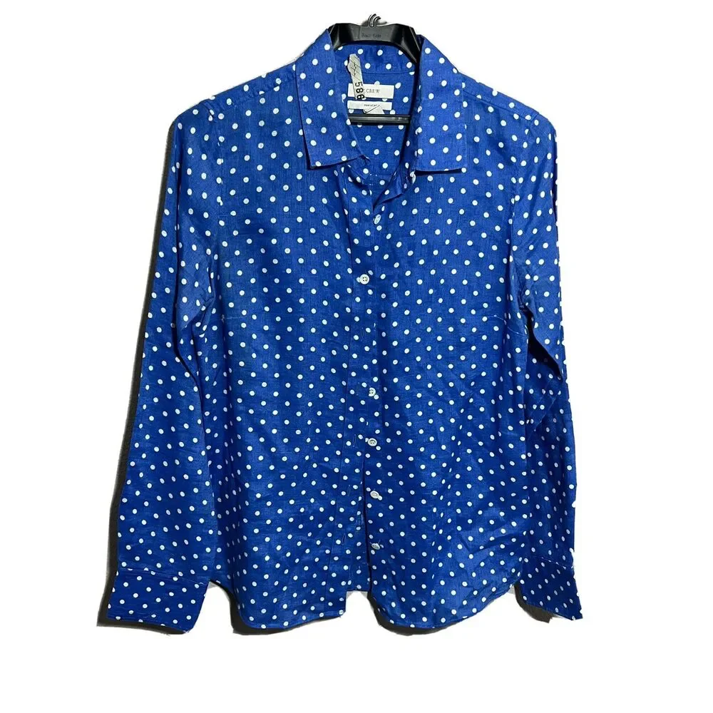 JCrew Womens Polka Dot Linen Top Slim Perfect Button Down Shirt Blue Sz 0